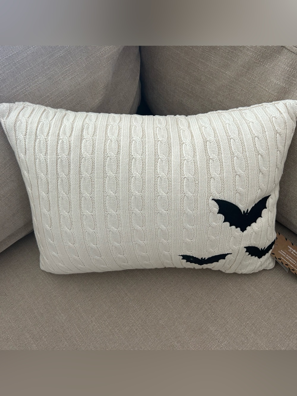 โNewโ Cupcakes & Cashmere Cream Cable-Knit Decorative Pillow with Black Bats